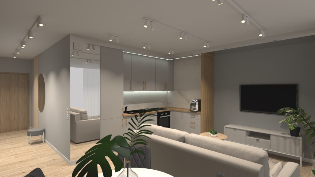 Projekt wykończenia wnętrza dwupokojowego mieszkania w Warszawie. Salon w odcieniach szarości i beżu.