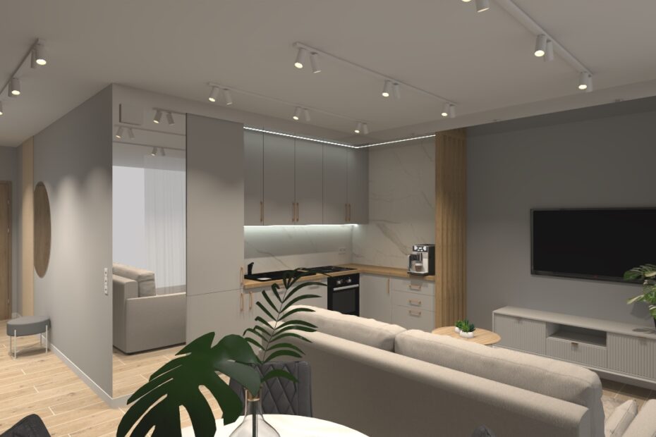 Projekt wykończenia wnętrza dwupokojowego mieszkania w Warszawie. Salon w odcieniach szarości i beżu.